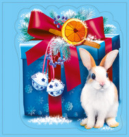Наклейки двусторонние Кролик с подарком, Голубой, с блестками